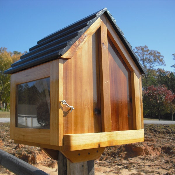 Little house on a stick, book box, library STAINED, choice of roof color, weather resistant, fully assembled with post mount