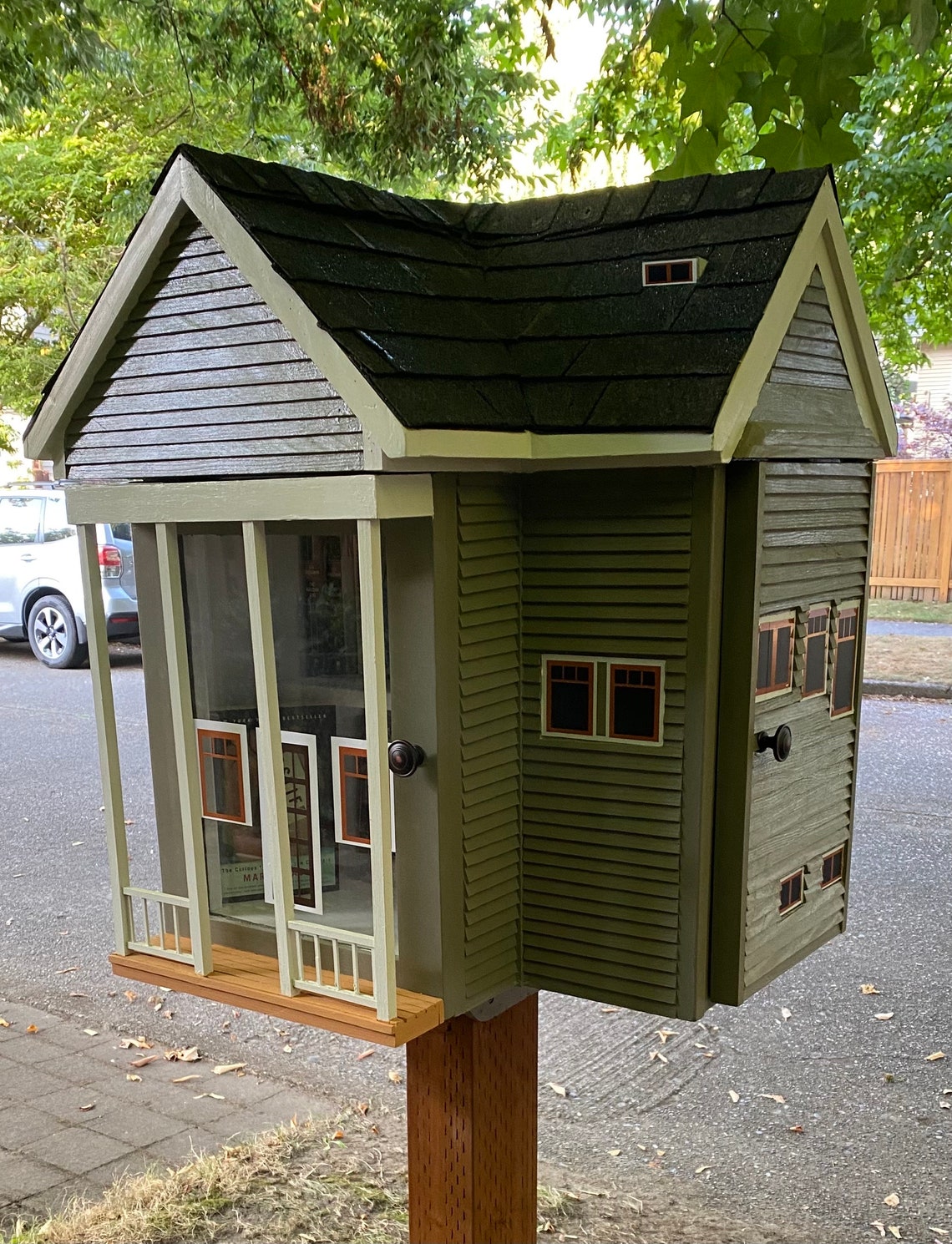 Custom “L” Shaped Library, Pantry, and Geocache, Shingled Roof, Front ...