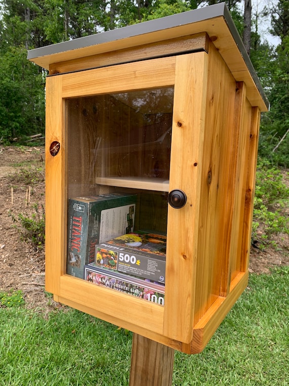 Cedar Puzzle Exchange Box, Weatherproof Lending Library, With Post
