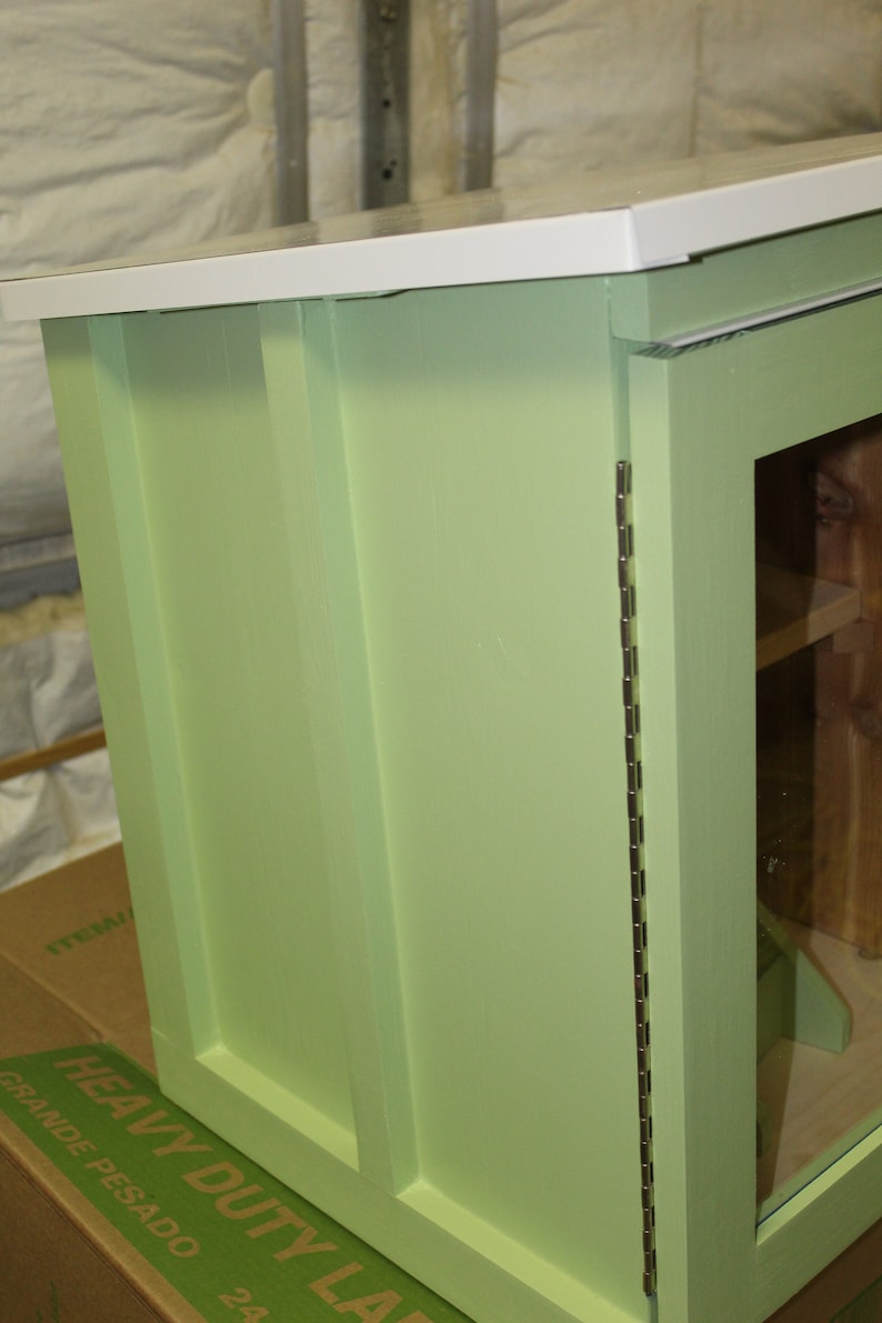 May include: A light green cabinet with a white top. The cabinet has a rectangular shape with a door on the right side. The door is attached with a long silver hinge. The cabinet is sitting on a cardboard box.