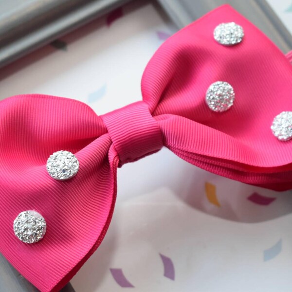Oversized Fuchsia Pink and Silver bow - Baby / Toddler / Girls / Kids Elastic Hairclip / Hair Barrette / Hairband / Headband