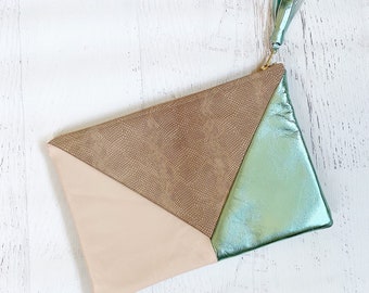 Metallic Mint Geometric, Textured Tan & Light Tan Leather Clutch - Gift for her, Birthday, Anniversary, Bridesmaid, Mermaid