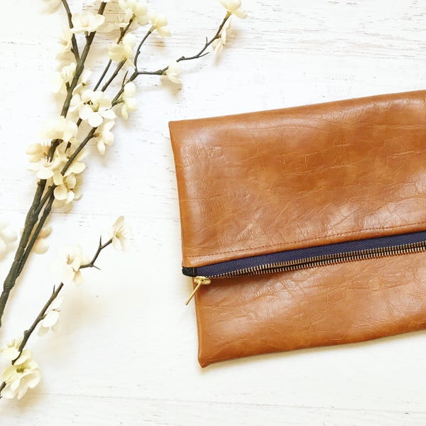 Vegan Brown Leather Foldover Clutch - Gift for her, Birthday, Anniversary, Bridesmaid