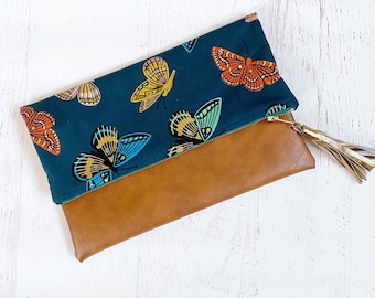 Blue Butterfly Rifle Paper Co Canvas & Brown Faux Leather Foldover Clutch - Gift for her, Birthday, Anniversary, Bridesmaid