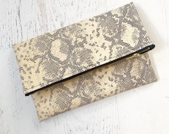 Black & Beige Snake Print Faux Leather Foldover Clutch - Gift for her, Birthday, Anniversary, Bridesmaid