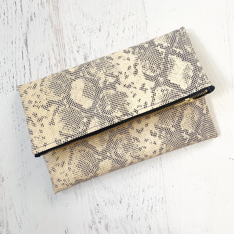 Black & Beige Snake Print Faux Leather Foldover Clutch Gift for her, Birthday, Anniversary, Bridesmaid image 1