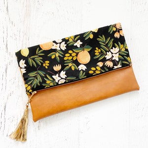 Black Citrus Print Rifle Paper Co Canvas & Brown Faux Leather Foldover Clutch - Gift for her, Birthday, Anniversary, Bridesmaid