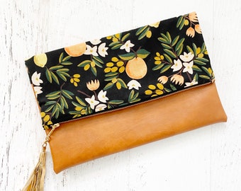 Black Citrus Print Rifle Paper Co Canvas & Brown Faux Leather Foldover Clutch - Gift for her, Birthday, Anniversary, Bridesmaid