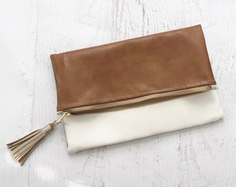 White & Brown Faux Leather Reversible Foldover Clutch - Gift for her, Birthday, Anniversary, Bridesmaid