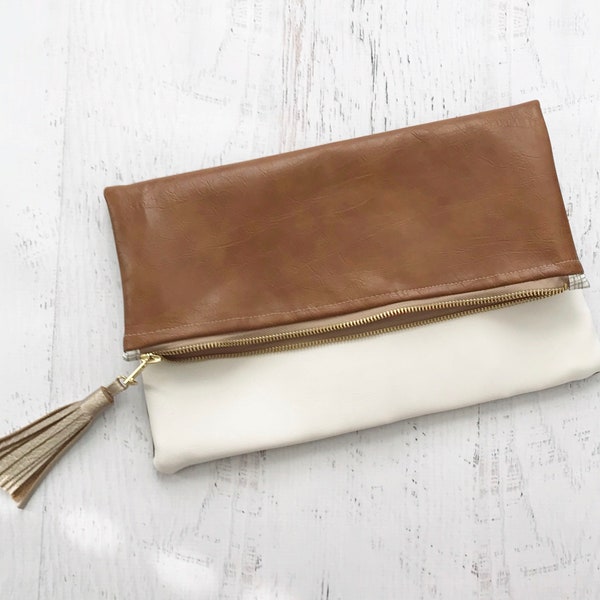 White & Brown Faux Leather Reversible Foldover Clutch - Gift for her, Birthday, Anniversary, Bridesmaid