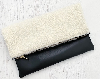 Faux Shearling & Black Faux Leather Foldover Clutch - Gift for her, Birthday, Anniversary, Bridesmaid, Fall