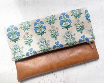 English Garden Rifle Paper Co Canvas & Brown Faux Leather Foldover Clutch - Gift for her, Birthday, Anniversary, Bridesmaid