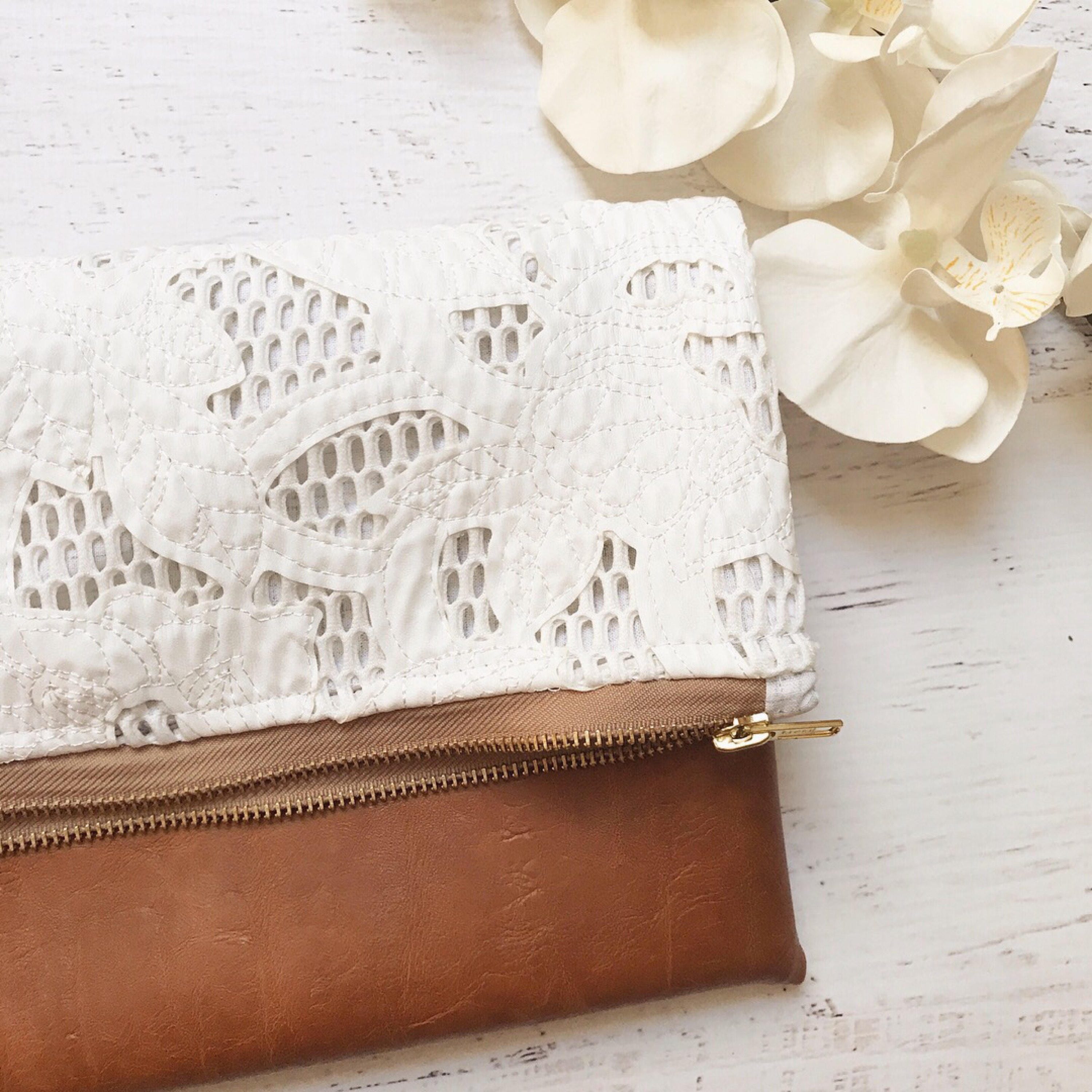 White Lace & Brown Faux Leather Foldover Clutch Gift for - Etsy