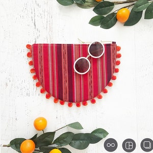 Circular Hand-Woven Guatemalan Pink & Orange Pom-Pom Clutch - Gift for her, Birthday, Anniversary, Bridesmaid, Summer