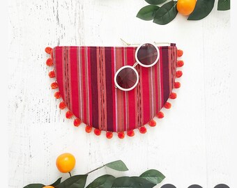 Circular Hand-Woven Guatemalan Pink & Orange Pom-Pom Clutch - Gift for her, Birthday, Anniversary, Bridesmaid, Summer