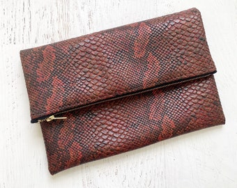 Black & Red Snake Print Faux Leather Foldover Clutch - Gift for her, Birthday, Anniversary, Bridesmaid