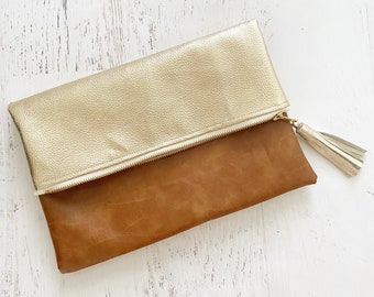 Metallic Gold & Brown Faux Leather Reversible Foldover Clutch - Gift for her, Birthday, Anniversary, Bridesmaid