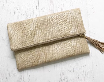 Light Tan Snake Print Faux Leather Foldover Clutch - Gift for her, Birthday, Anniversary, Bridesmaid