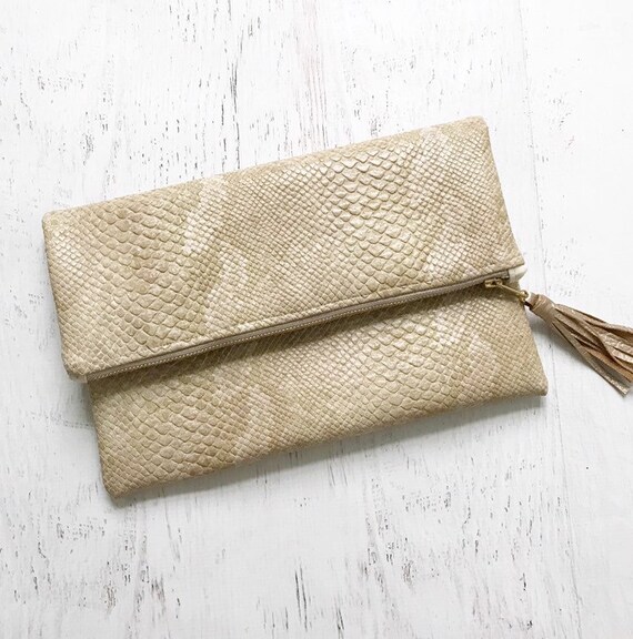 Light Tan Snake Print Faux Leather Foldover Clutch Gift for Her Birthday Anniversary Bridesmaid Etsy