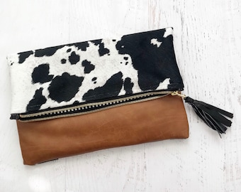 Cow Print & Brown Faux Leather Reversible Foldover Clutch - Gift for her, Birthday, Anniversary, Bridesmaid