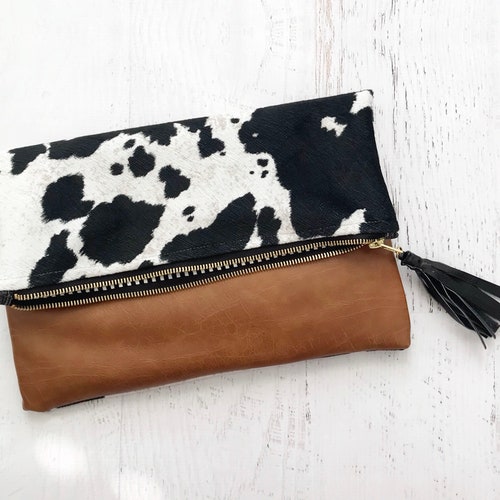 Cow Print & Brown Faux Leather Reversible Foldover Clutch | Etsy