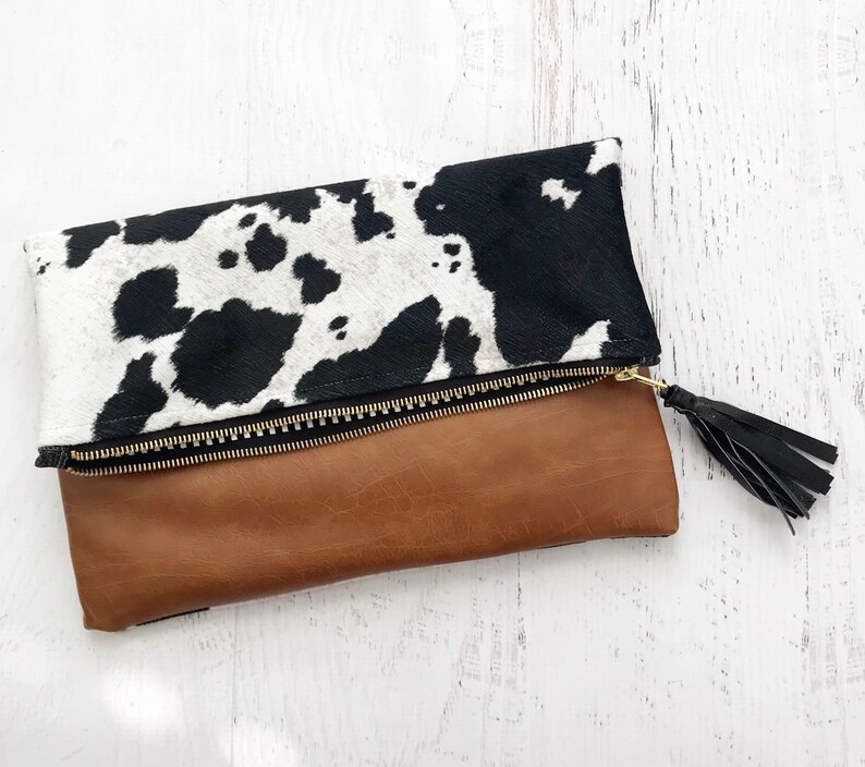 Cow Print & Brown Faux Leather Reversible Foldover Clutch Gift for her, Birthday, Anniversary, Bridesmaid image 1