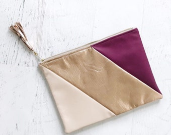 Colorblock Fuchsia, Rose Gold, & Light Tan Leather Clutch - Gift for her, Birthday