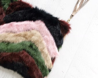 Rainbow Faux Fur Pouch Clutch - Gift for her, Birthday, Anniversary, Bridesmaid