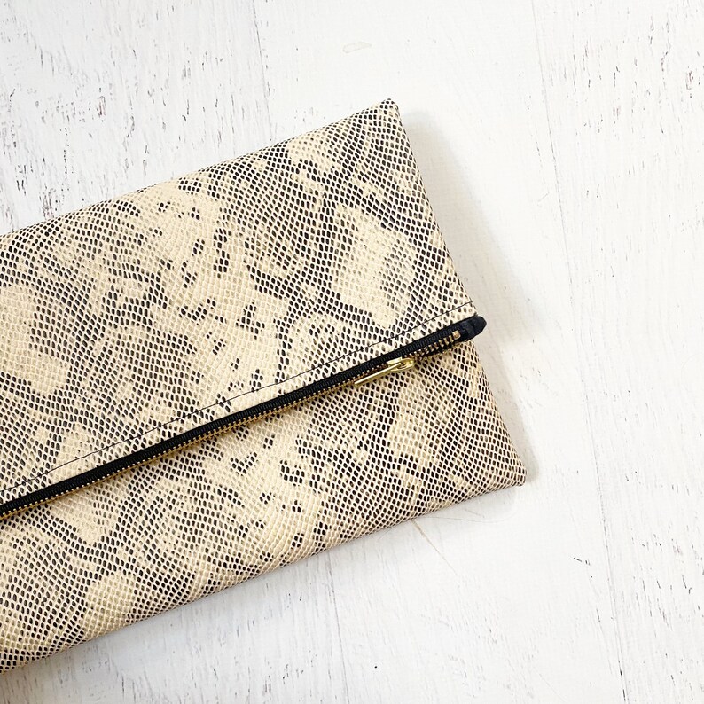 Black & Beige Snake Print Faux Leather Foldover Clutch Gift for her, Birthday, Anniversary, Bridesmaid image 2