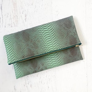 Green Faux Alligator Leather Foldover Clutch - Gift for her, Birthday, Anniversary, Bridesmaid