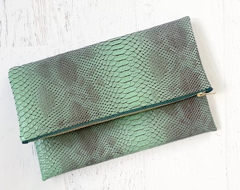 Green Faux Alligator Leather Foldover Clutch - Gift for her, Birthday, Anniversary, Bridesmaid