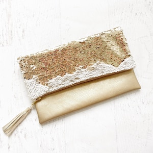 Gold and White Mermaid Sequins & Gold Faux Leather Foldover Clutch - Gift for her, Birthday, Anniversary, Bridesmaid, holiday