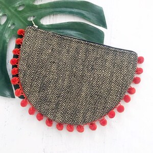 Circular Burlap Tan & Orange Pom-Pom Clutch - Gift for her, Birthday, Anniversary, Bridesmaid, Summer