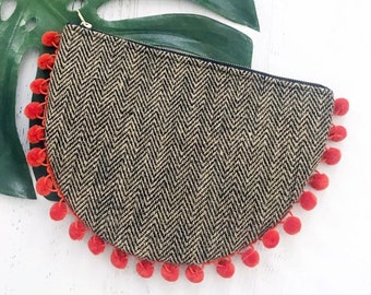 Circular Burlap Tan & Orange Pom-Pom Clutch - Gift for her, Birthday, Anniversary, Bridesmaid, Summer