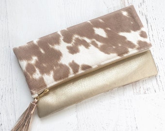 Faux Tan Calf Hair & Metallic Gold Faux Leather Reversible Foldover Clutch - Gift for her, Birthday, Anniversary, Bridesmaid