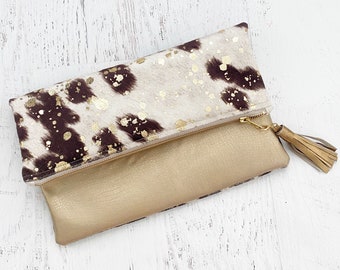 Faux Calf Hair with Metallic Splatter & Gold Faux Leather Reversible Foldover Clutch - Gift for her, Birthday, Anniversary, Bridesmaid