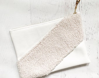 Cross Strap Sherpa & White Faux Leather Clutch - Gift for her, Birthday, Anniversary, Bridesmaid