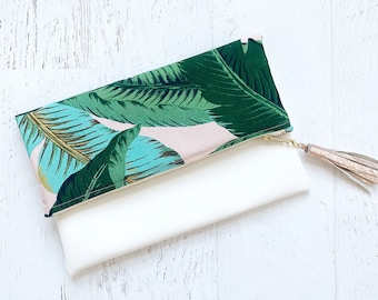 Monstera and Pink & White Faux Leather Foldover Clutch - Gift for her, Birthday, Anniversary, Bridesmaid