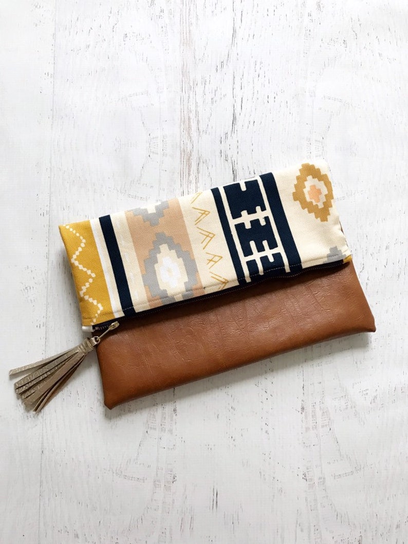 Navy and Blush Aztec Print Canvas & Brown Faux Leather Foldover Clutch Gift for her, Birthday, Anniversary, Bridesmaid image 1