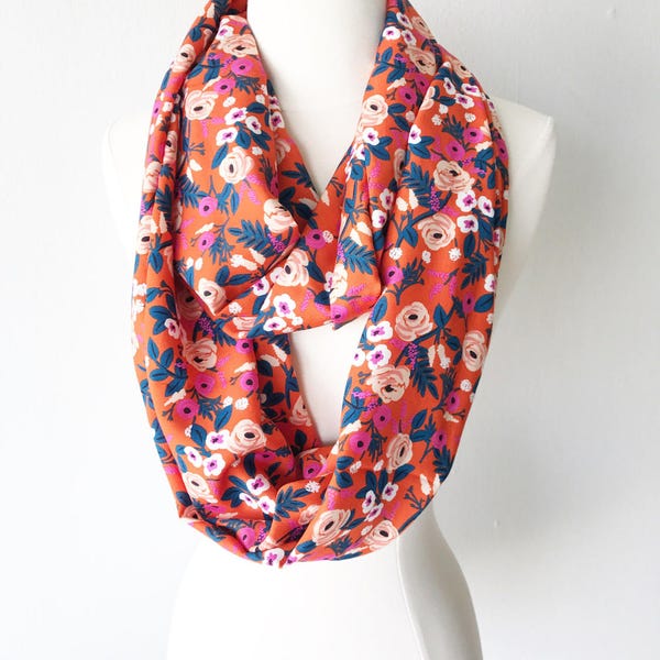 Red Rifle Paper Co Floral Rayon Infinity Scarf - Handmade - For Her, Spring Fashion, Mother's Day, Summer