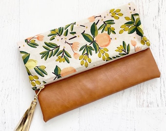 Citrus Print Rifle Paper Co Canvas & Brown Faux Leather Foldover Clutch - Gift for her, Birthday, Anniversary, Bridesmaid