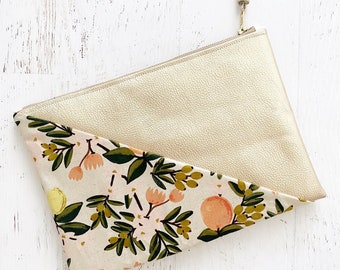 Rifle Paper Co. Citrus Canvas - Pochette en cuir en faux or - Cadeau pour elle, Anniversaire, Anniversaire, Demoiselle d’honneur, Primavera