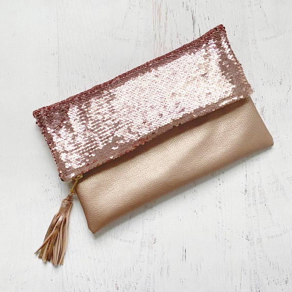 Rose Gold Sequin & Rose Gold Faux Leather Foldover Clutch | Etsy