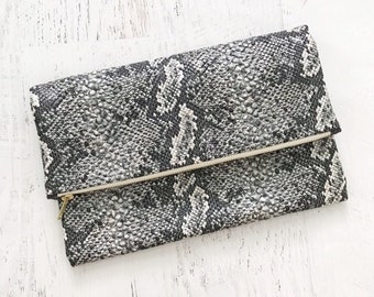 Snake Print Faux Leather Foldover Clutch - Gift for her, Birthday, Anniversary, Bridesmaid