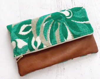 Tropical Green & White Print and Faux Brown Leather Foldover Clutch - Gift for her, Birthday, Anniversary, Bridesmaid