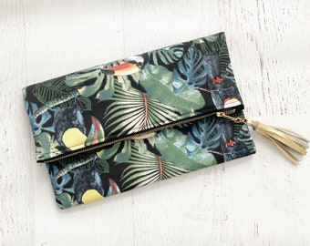 Tropical Toucan Canvas Foldover Clutch - Gift for her, Birthday, Anniversary, Bridesmaid