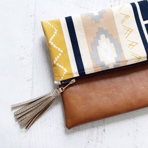 Navy and Blush Aztec Print Canvas & Brown Faux Leather Foldover Clutch Gift for her, Birthday, Anniversary, Bridesmaid image 2