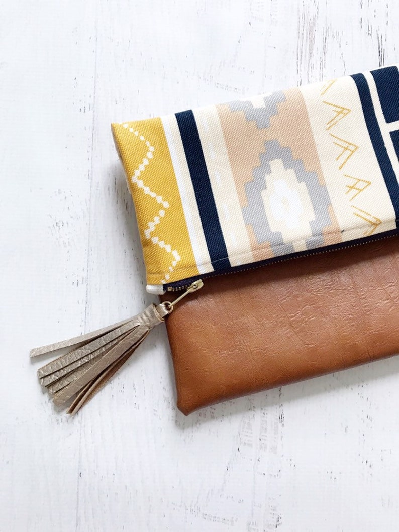 Navy and Blush Aztec Print Canvas & Brown Faux Leather Foldover Clutch Gift for her, Birthday, Anniversary, Bridesmaid image 2