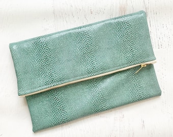 Teak Green Snake Print Faux Leather Foldover Clutch - Gift for her, Birthday, Anniversary, Bridesmaid