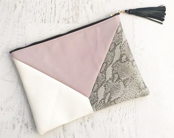 Geometric Blush, White & Snakeskin Faux Leather Clutch - Gift for her, Birthday, Anniversary, Bridesmaid